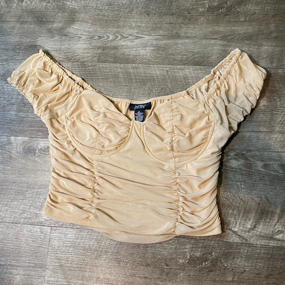Jessica Rey Ruched Mesh Bardot Top – Champagne Satin Siren